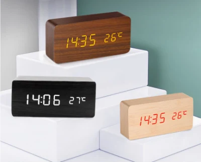 Креативный умный деревянный электронный светодиодный будильник со светящимся звуком и двойным дисплеем, деревянные часы USB